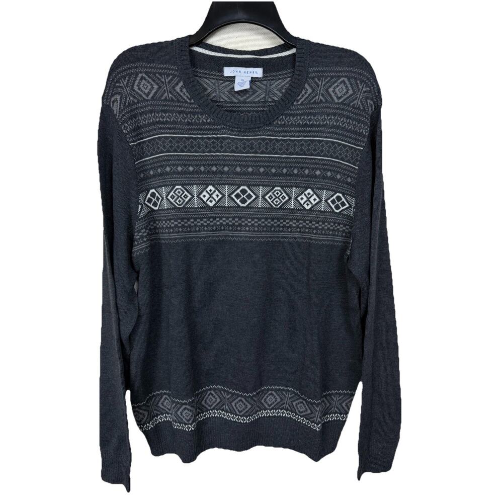 John Henry Mens Sweater XL Crew‎ Neck Gray Aztec Print Classic Lightweight NWOT